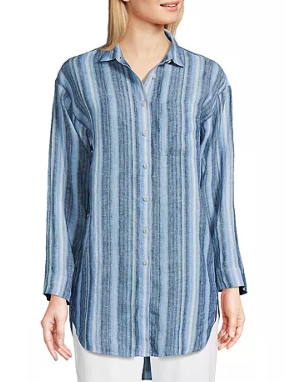 Lands’ End 100% Linen Tunic Shirt Blue Striped Oversized Beachy Coastal Size L - Picture 1 of 10